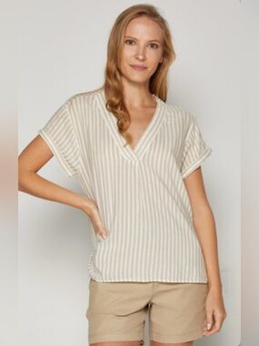 GAP Striped V-Neck Short Sleeve Top - Cream & Beige